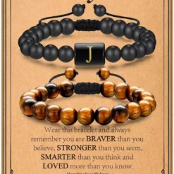 MONOZO Gifts For Men Boy - 8mm Tiger Eye & Black Agate Stone Beaded Bracelet Adjustable Initial Bracelets Birthday Christmas Valentines Fathers Day Jewelry Gifts For Dad Son Men Boys Husband Boyfriend