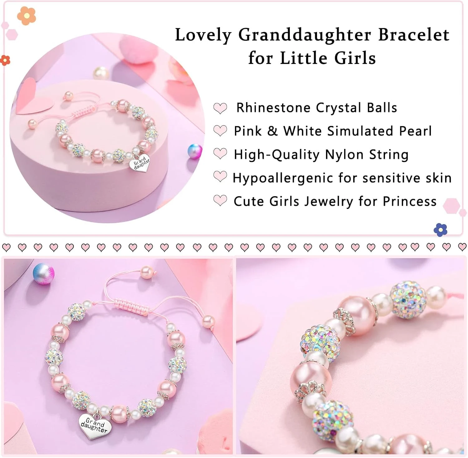UNGENT THEM Pink Pearl And Rhinestone Bracelet For Girls Granddaughter Daughter Niece Big Sister Birthday Christmas Easter Gifts 7 UNGENT THEM Pink Pearl And Rhinestone Bracelet For Girls Granddaughter Daughter Niece Big Sister Birthday Christmas Easter Gifts - Image 5