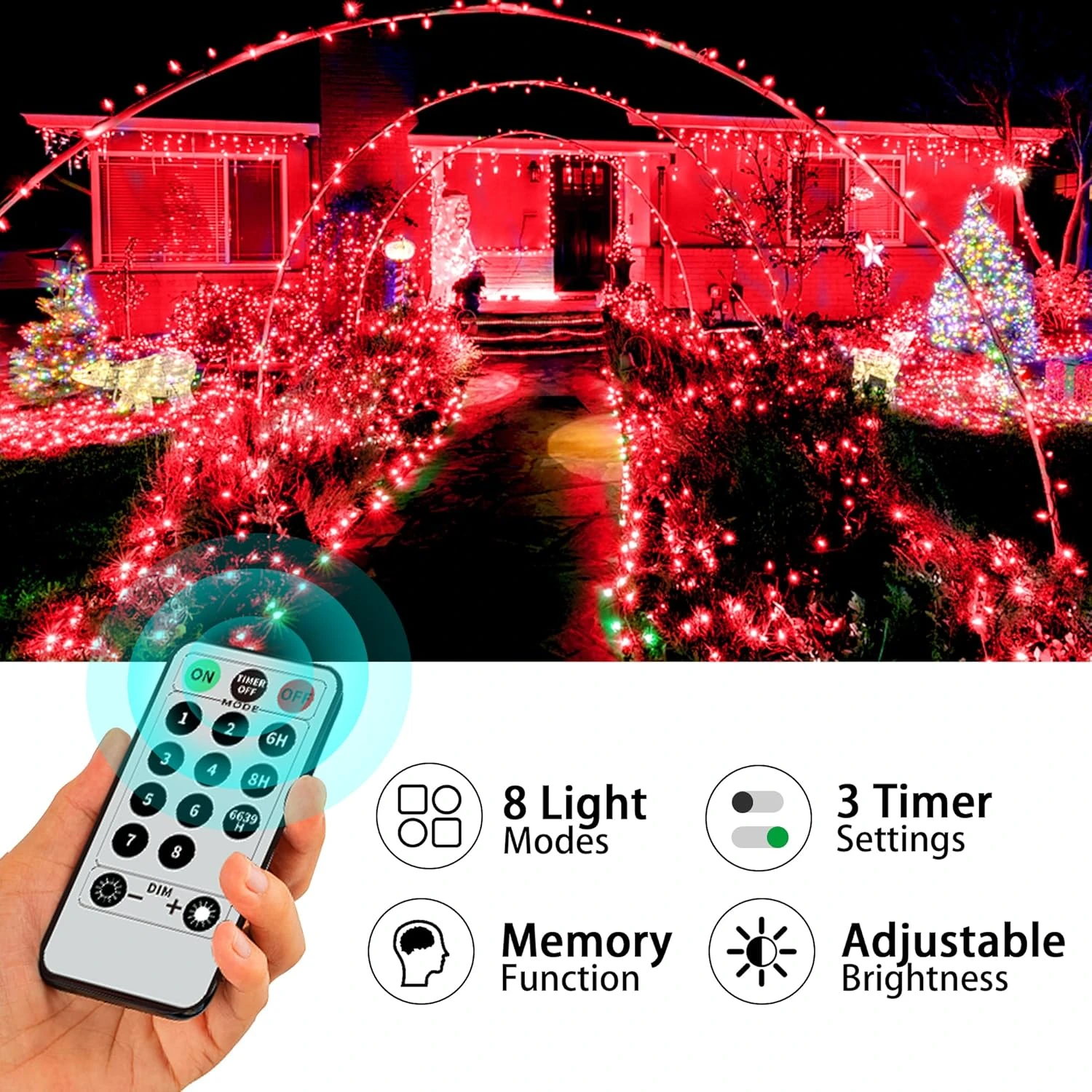 Heceltt Christmas Lights Outdoor Decorations, 394ft 1000 LED Extra Long Waterproof Twinkle Fairy String Lights, Clear Wire UL Listed Plug In With Remote For Garden Tree Wedding Decoration(Red) 8 Heceltt Christmas Lights Outdoor Decorations, 394ft 1000 LED Extra Long Waterproof Twinkle Fairy String Lights, Clear Wire UL Listed Plug In With Remote For Garden Tree Wedding Decoration(Red) - Image 6