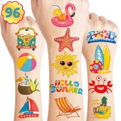 GENERIC Summer Temporary Tattoos Beach Theme Birthday Party Decorations Favors Supplies Pool Theme Cute Stickers 8 Sheets 96 PCS Tattoos For Kids Girls Boys Decor Class School Luau Carnival Christmas