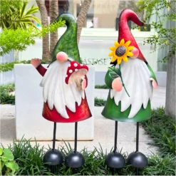 HONGLAND Metal Gnome Yard Art Outdoor Garden Gnome Statue 18 Inch Gnome Figurine Decorative Stakes For Holiday Christmas Lawn Patio Yard Garden Decor-2 PCS