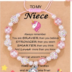HGDEER Little Girls Unicorn Bracelet For Daughter/Granddaughter/Niece | Pink Pearl And Rhinestone Balls Bracelet | Adjustable Length | Suitable For Christmas And Birthday Gifts