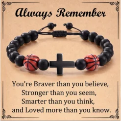 AnChang Gifts For Teen Boys Baseball Basketball Bracelet Natural Stone Bead Cross Bracelet For Mens Boys Son Grandson Coach Birthday Graduation Christmas Gifts