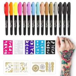 Temporary Tattoo Pen Removable Tattoo Markers Multi-coloured Tattoo Kit Face Paint With 15 Tattoo Pens 5 Tattoo Stencils And 2 Tattoos Stickers Gifts For Teenage Girls Boys Adults Christmas Gifts