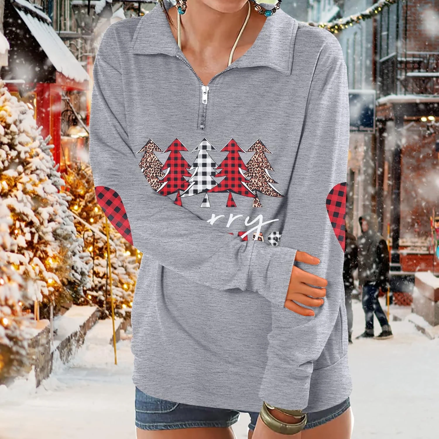 FLOYU Women Christmas Long Sleeve Sweatshirts Quarter Zipper Lapel Casual Pullover Top Color Block Sweatshirts 5 FLOYU Women Christmas Long Sleeve Sweatshirts Quarter Zipper Lapel Casual Pullover Top Color Block Sweatshirts - Image 3