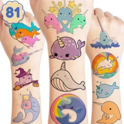 GENERIC 8 Sheet (81Pcs) Narwhal Themed Birthday Party Supplies Decorations Whale Unicorn Temporary Stickers Party Favors Animal Cute Kids Girls Boys Gifts Classroom School Prizes Christmas