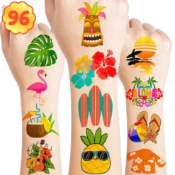 GENERIC Hawaiian Luau Tattoos Temporary Theme Birthday Party Decorations Supplies Favors Decor Cute Summer Beach Tattoo Stickers 8 Sheets 96 PCS Gifts For Kids Girls Boys Classroom Rewards Carnival Christmas