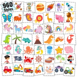 Partywind 960 PCS Individually Wrapped Tattoos For Kids Bulk, Cute Temporary Tattoo Stickers For Birthday Party Supplies Favors, Fake Tattoos For Kids Christmas Gifts Games (20 Sheets)