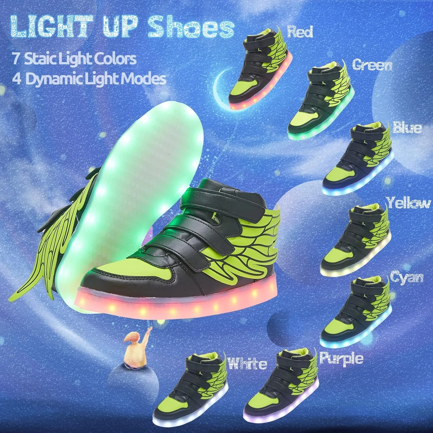 LED Light Up Shoes With Flying Wings For Boys Girls Kids Hip-Top Flashing Sneakers For Festivals, Party, Christmas, Halloween,Friend Gift With USB Charging 4 LED Light Up Shoes With Flying Wings For Boys Girls Kids Hip-Top Flashing Sneakers For Festivals, Party, Christmas, Halloween,Friend Gift With USB Charging - Image 2
