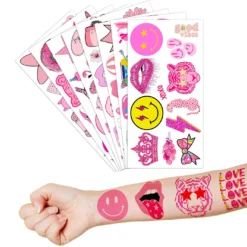 GENERIC 96PCS Preppy Pastel Pink Face Temporary Tattoos Birthday Party Decorations Supplies Favors Decor Cute Tattoo Stickers Gifts For Kids Girls Boys Class School Prizes Rewards Carnival Christmas -Xmas Mart Sales 81GIHi4h3jL. SL1500