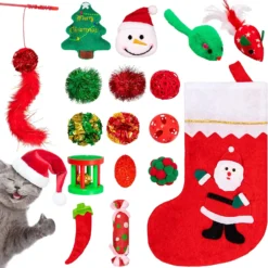 Whaline 17pcs Christmas Cat Toys Stocking Cat Stick 7 Cat Playing Balls Roller Bell 2 Mice Plush Snowman Plush Pepper Plush Christmas Tree Xmas Candy Pompoms Training Supplies For Pet