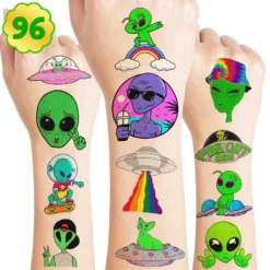 96PCS Cute Alien Temporary Tattoos Themed Birthday Party Decorations Supplies Favors Decor Funny Outer Space Galaxy Stickers Tattoo Gifts For Kids Girls Boys School Prizes Carnival Halloween Christmas