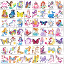 Zayvor 306CT Kids Temporary Tattoo Individually Wrapped Bulk, Butterfly Unicorn Mermaid Tattoos, Birthday Party Favor Supplies, Goodie Bag Filler Stuffers Halloween Christmas Makeup Costume