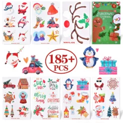 WAVEJOE 185+PCS Christmas Temporary Tattoos For Kids Stocking Stuffers, Watercolor Style Xmas Holiday Decals Goodie Gift Party Favors