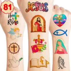 Religious Temporary Tattoos - 81 PCS Jesus Christian Bible Cross Christmas Themed Stickers For Kids Birthday Party Supplies Decorations Favors And Prizes - Cute Gifts For Boys And Girls Ideal School