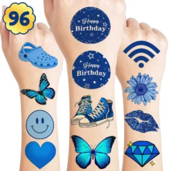 GENERIC Blue Temporary Tattoos Theme Birthday Party Decorations Supplies Favors Decor Cute Stickers Tattoo 8 Sheets 96 PCS Gifts For Kids Boys Girls Classroom Rewards Prizes Christmas