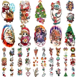 Metuu Novel Christmas Temporary Tattoos，40 Sheets Forearm Face Hand Cute Funny Christmas Tattoos For Men Women Kids, Large Snowman Santa Claus Christmas Tree Glass Ball Reindeer Elk Colorful Realistic Christmas Decoration Waterproof Fake Temp Tattoo Stickers
