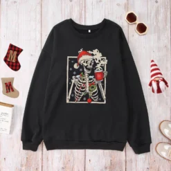 IZYJOY Women Christmas Skeleton Coffee Sweatshirts Xmas Santa Drinking Hot Coffee Skull Graphic Tee Oversized Pullover Top -Xmas Mart Sales 81fG8LnH29L. AC UL1500