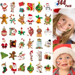 Christmas Temporary Tattoo For Kids Adult, 144 Pcs Assorted Cute Designs Stick Xmas Holiday Birthday Party Favors