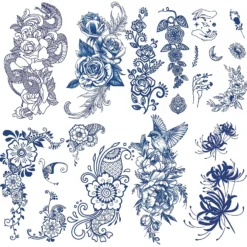 Aresvns Temporary Tattoo For Women, Semi-Permanent Tattoos Waterproof Long-Lasting 2 Weeks, Dark Blue Realistic Flower Fake Tattoos Christmas Gift