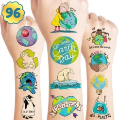 GENERIC Earth Day Stickers Temporary Tattoos Sticker Tattoo Theme Birthday Party Decorations Decor Supplies Cute Stickers Tattoo 8 Sheets 96 PCS For Kids Boys Girls School Rewards Carnival Christmas Prizes