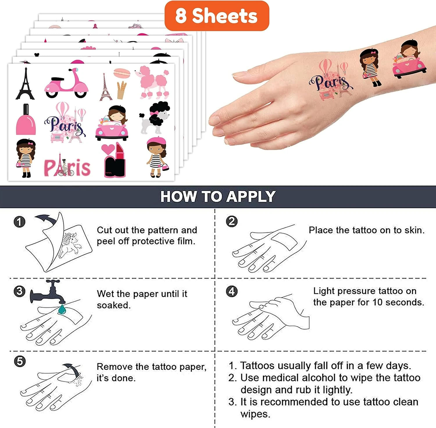 GENERIC 8 Sheets (96PCS) Paris Temporary Tattoos For Kids, Birthday Party Decorations Supplies Tattoos Stickers Cute Party Favors Girls Boys Gifts Classroom School Prizes Themed Christmas 9 GENERIC 8 Sheets (96PCS) Paris Temporary Tattoos For Kids, Birthday Party Decorations Supplies Tattoos Stickers Cute Party Favors Girls Boys Gifts Classroom School Prizes Themed Christmas - Image 7