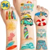GENERIC Summer Surf Surfing Temporary Tattoos Theme Birthday Party Decorations Supplies Favors Decor Cute 96 PCS Tattoo Stickers Beach Gifts For Kids Girls Boys Class School Prizes Rewards Carnival Christmas