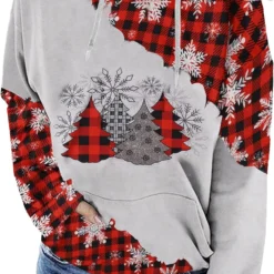 ASTANFY Christmas Hoodie For Women Christmas Tree Plaid Shirt Merry Christmas Sweatshirts Xmas Snowflake Pullover With Pocket