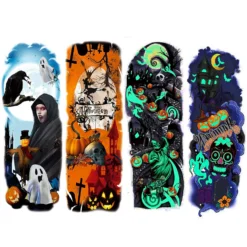Halloween Full Arm Glow Temporary Tattoos, Nightmare Before Christmas Pumpkin Lantern Tumbler Luminous Tattoo Stickers For Men Women Makeup, 4-Sheet