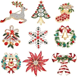9 Pieces Christmas Brooch Pins For Women Rhinestone Enamel Christmas Tree Wreath Snowflake Reindeer Brooch Pins Set Holiday Xmas Gift