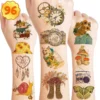 96 PCS Vintage Aesthetic Tattoo Stickers Temporary Tattoos Birthday Party Decorations Favors Supplies Decor Retro Boho Sticker Gifts For Kids Women Adults Girls Boys School Rewards Carnival Christmas